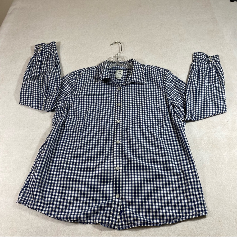 IZOD Gingham Button Down Shirt Long Adjustable Sleeve LG Cotton Blue Whi…